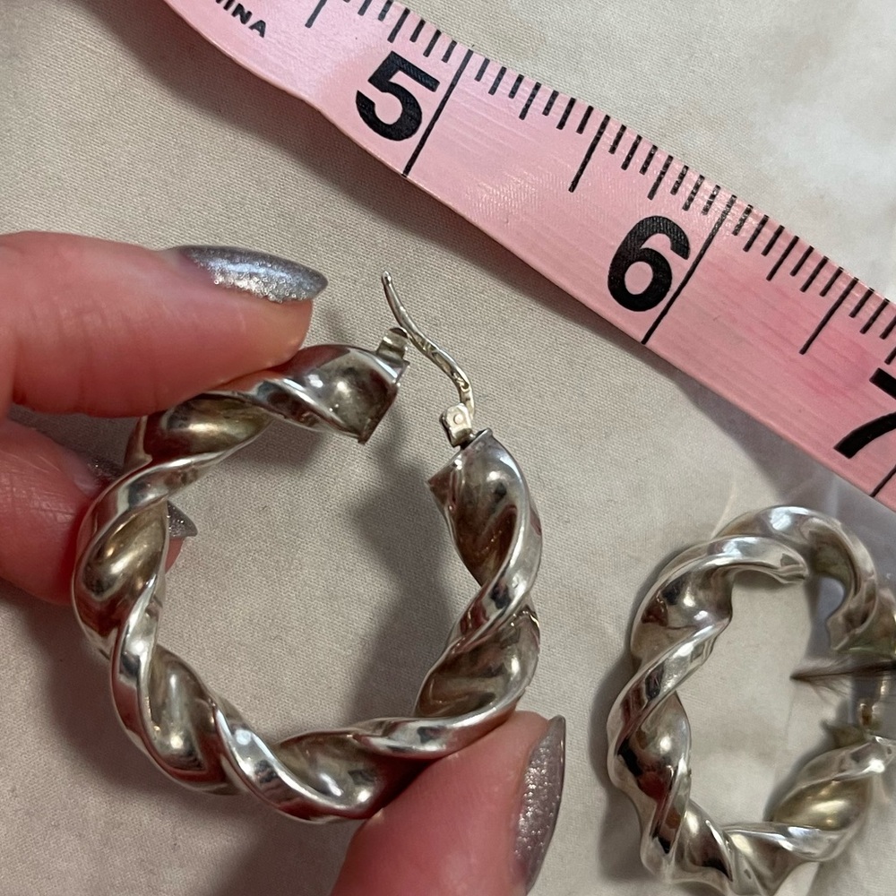 PRICE DROP - Vintage Real Silver Italian Twist Hoop Earrings - Picture 3 of 4